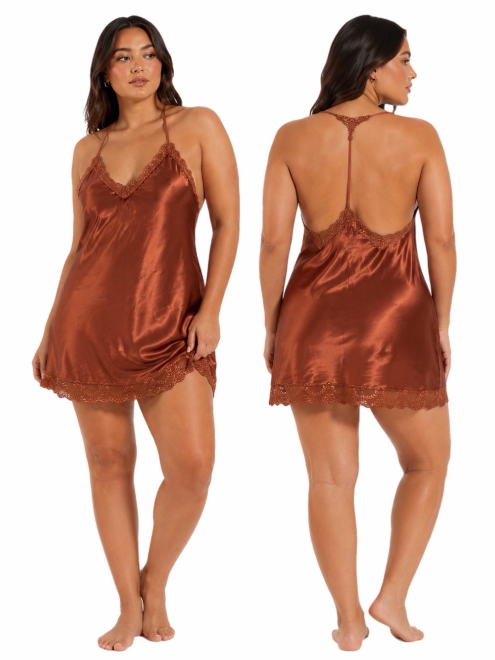 Stunning Satin Lace & Crochet Embroidery Trim T-Back Slip Dress Copper/Bronze XL